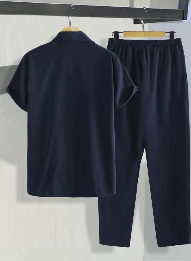 Take Two Men Navy Blue Relaxed Shirt and Trousers Co-Ords